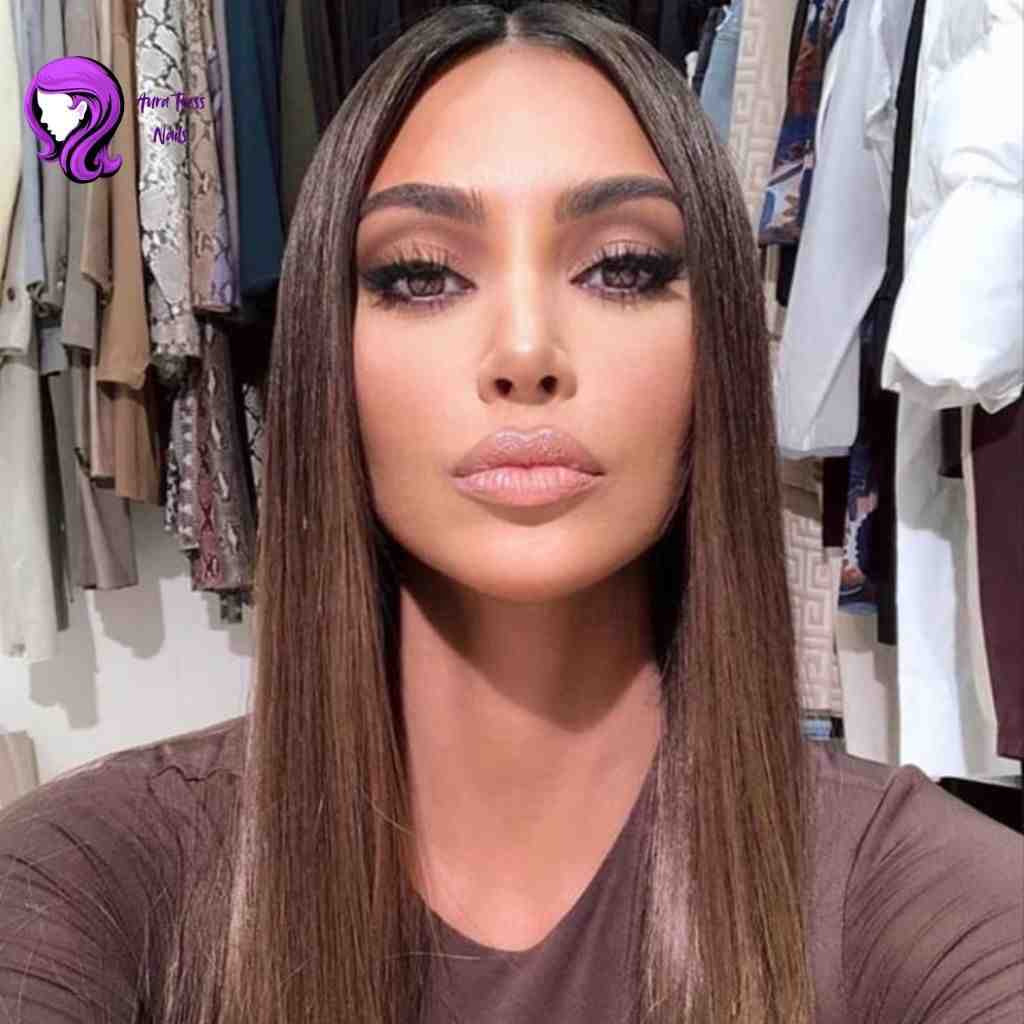 Kim Kardashian sleek glass hair with a high shine finish