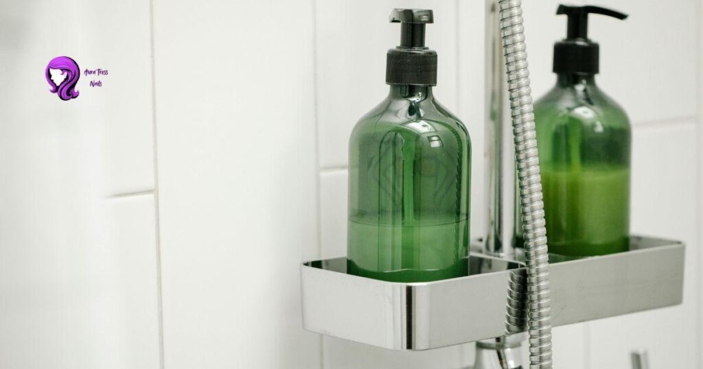 Sulfate-free shampoo bottle on bathroom counter for winter hair care
