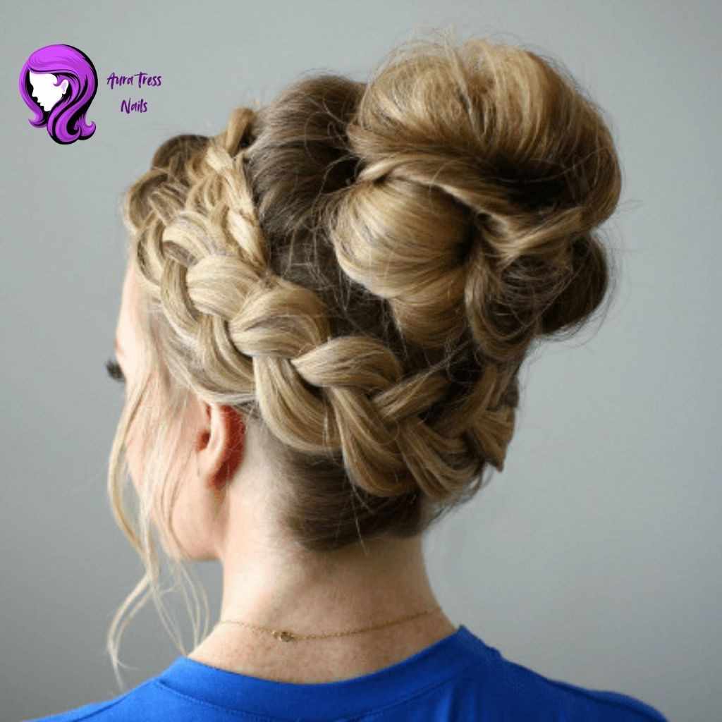 Woman with a braided top knot, adding dimension and style to her glamorous night-out look