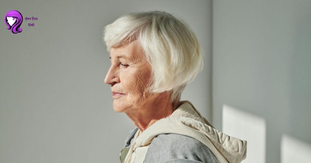 Senior woman with a chin-length blunt cut and soft curls, for a simple and graceful look