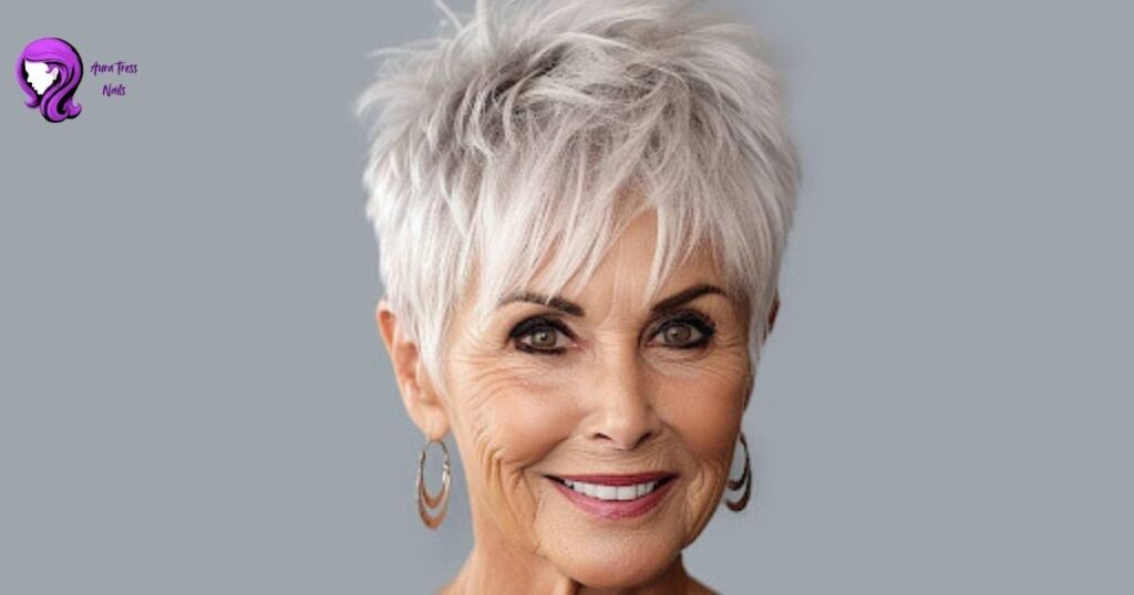 Older woman with a classic pixie cut, showcasing a chic and low maintenance hairstyle