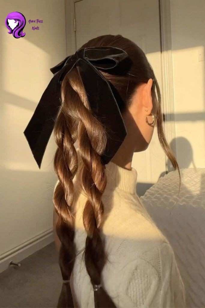 Girl with high ponytail hairstyle, accessorized with a bow for a polished and feminine look