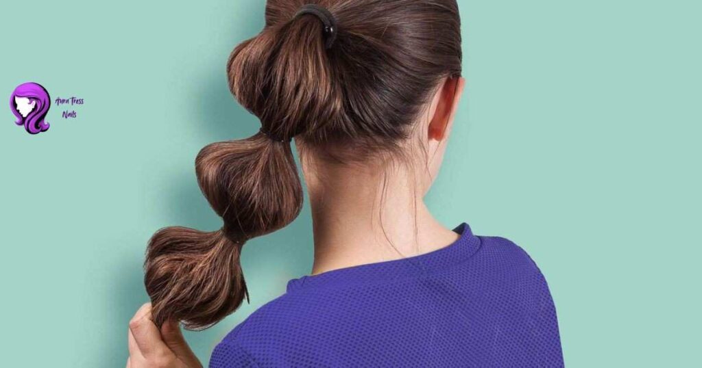 Long hair styled into a bubble ponytail with multiple elastics, adding a cute, playful look