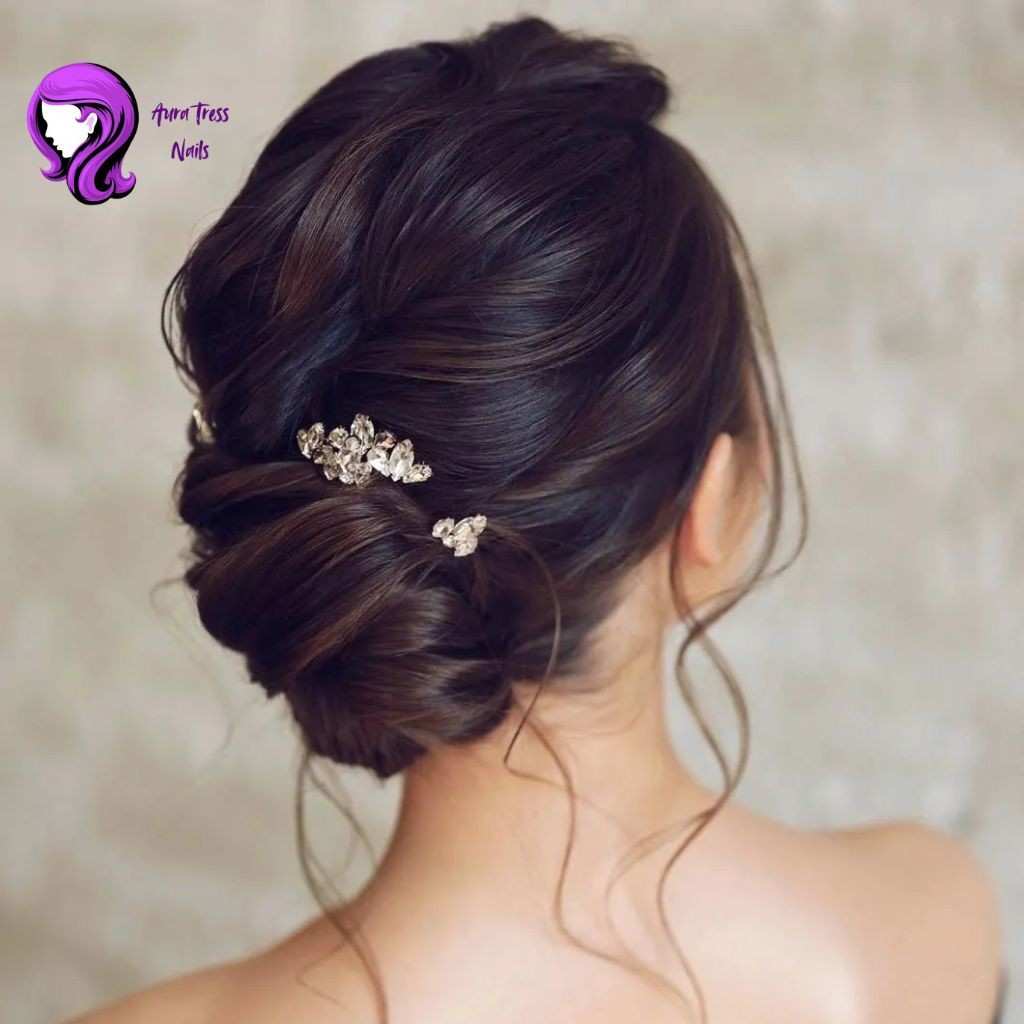 Woman with a low rolled bun, showcasing a classic and sleek style ideal for any evening event