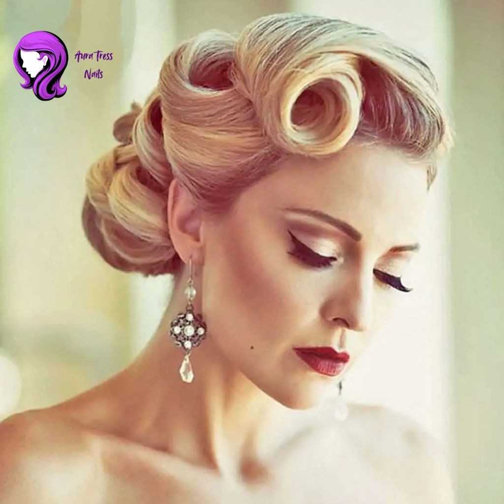 Woman styled with retro rolls, channeling old hollywood glamour for a night out