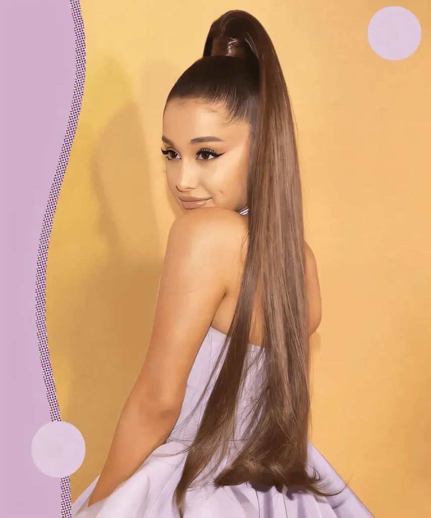 High, voluminous ponytail inspired by Ariana Grande, styled with a wrapped section covering the hair tie.