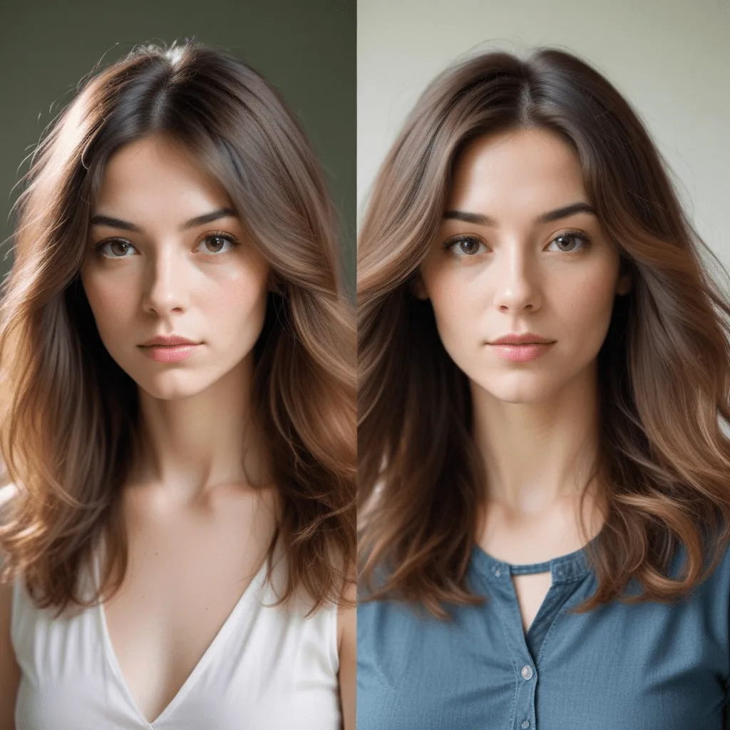 Before and after photo of thick hair transformed with soft long layers