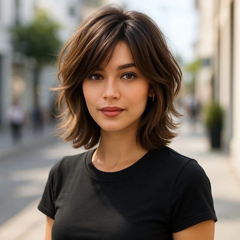 Confident woman with trendy celebrity-inspired 2025 hairstyle, featuring soft waves and modern layered cut, suitable for women in the USA, UK, and Europe