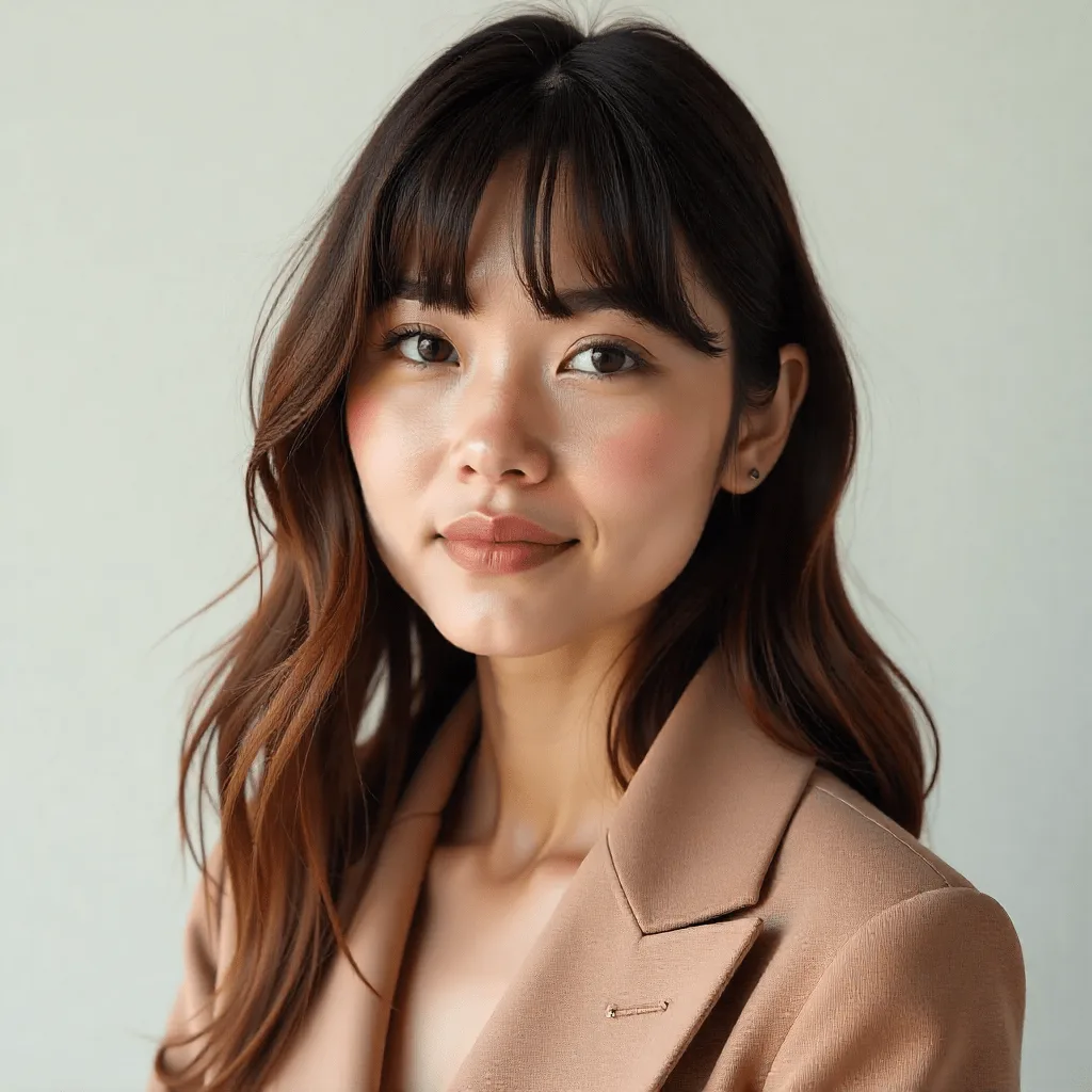 Curtain bangs hairstyle with long layers on round face