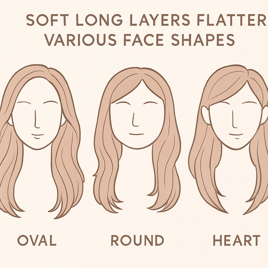 Illustration showing soft long layer haircut suited for different face shapes including oval, round, and heart-shaped