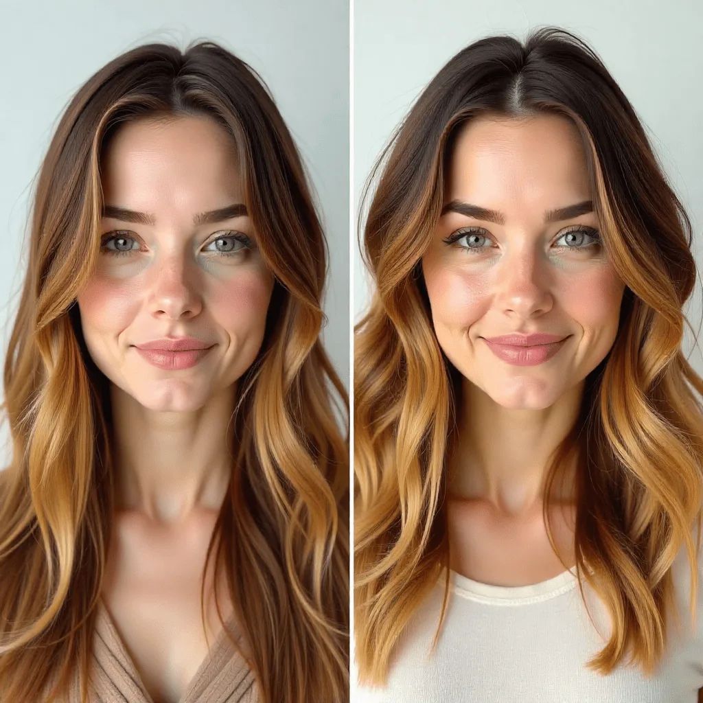Before and after hairstyle transformation showing a round-faced woman with a slimming celebrity-inspired haircut featuring curtain bangs and layers, 2025 trend.