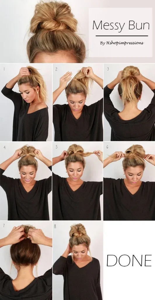 Step-by-step visual tutorial showing a woman creating an affordable messy bun hairstyle.