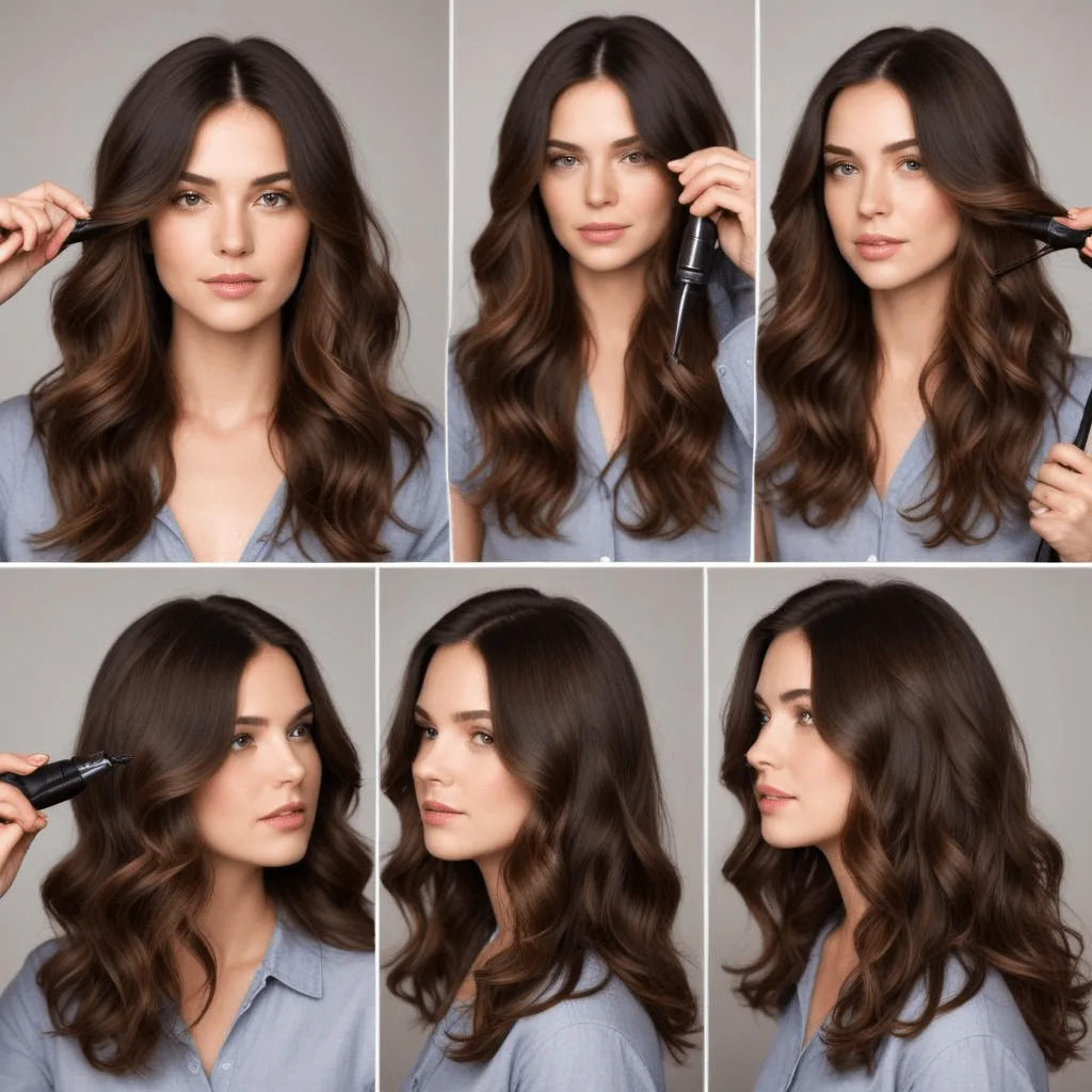 Woman styling soft long layers with a curling iron for natural waves