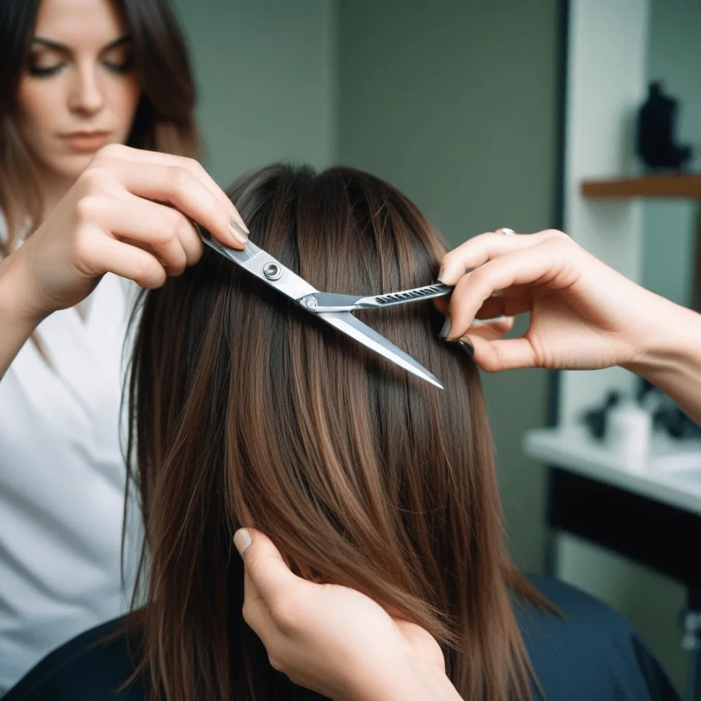 Stylist demonstrating point-cutting technique to create soft long layers