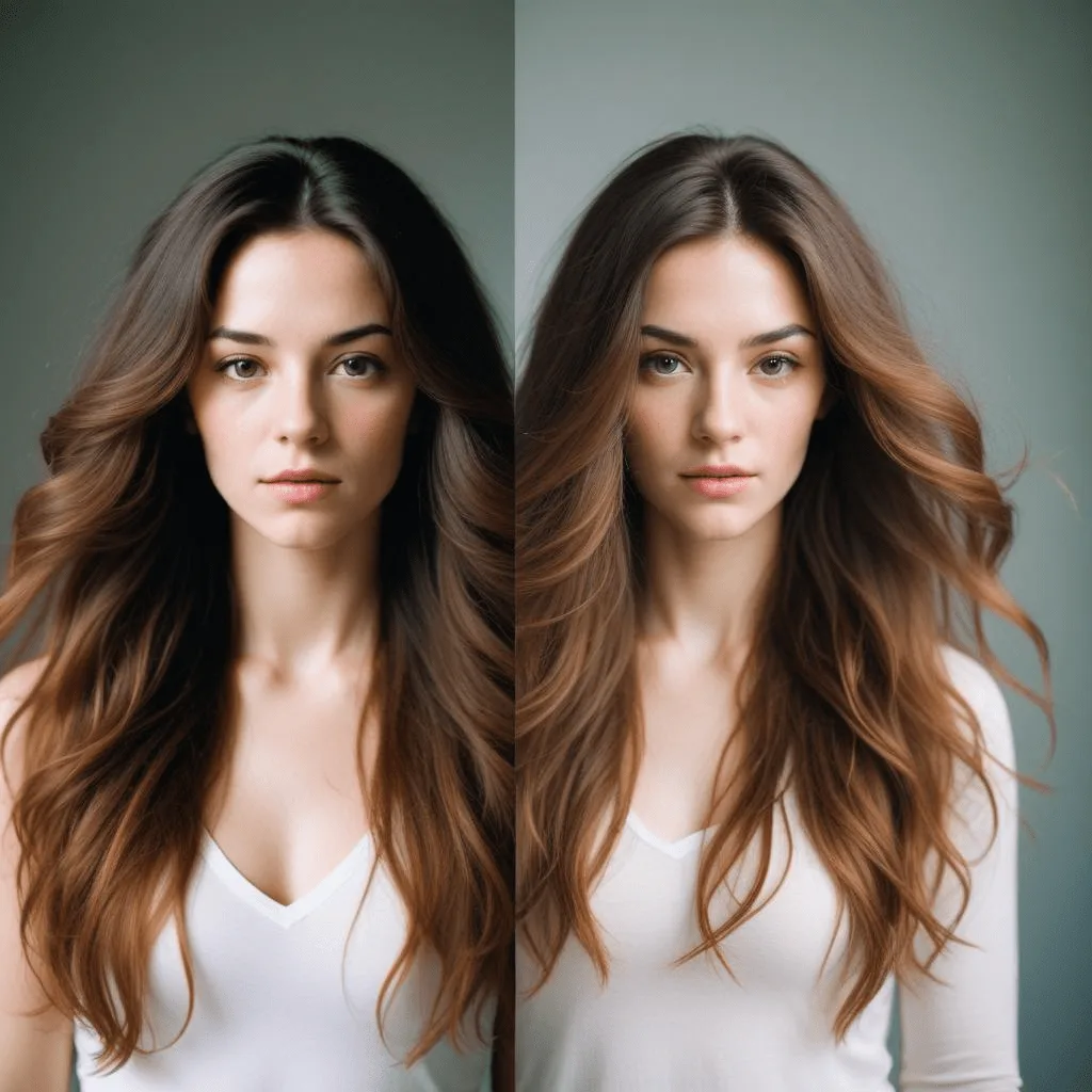 Before and after transformation of a woman with thick hair styled with soft long layers, showing enhanced movement, volume, and natural flow while maintaining length.